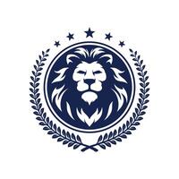 Lion head facing forward inside a 5 star circle with circular wheat illustrator logo design vector