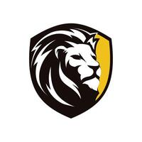 Serious lion head facing side inside a white and yellow shield illustrator logo design vector