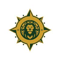 Lion head facing forward inside a gold and green compass circle illustrator logo design vector