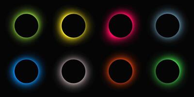 Circle illuminate frame with gradient. Set of eight round neon banners isolated on black background. illustration vector