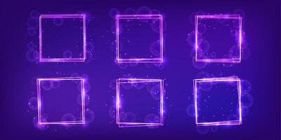Set of neon square frames with shining effects and sparkles on dark background. Empty glowing techno backdrop. illustration vector