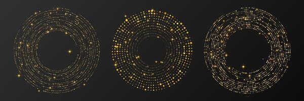 Abstract gold glowing halftone dotted background. Set of three gold glitter patterns. Circle halftone dots vector