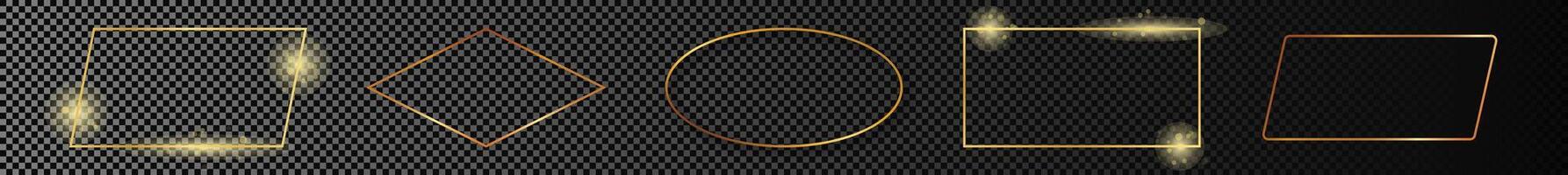 Set of five gold glowing different geometric shape frames isolated on dark background. Shiny frame with glowing effects. illustration vector