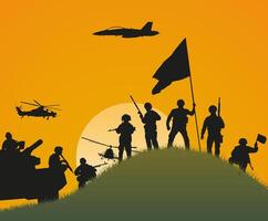 The importance of winning. Silhouettes of soldiers who won the battle against the background of the setting sun. vector