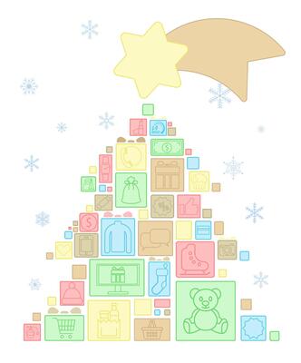 Bright banner for Christmas holidays. Merry Christmas and Happy New Year. Christmas tree background with gift boxes.