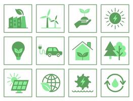 Safe sources of energy. Green flat set of icons related to renewable energy sources. vector