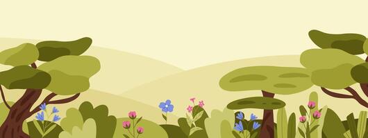 Spring background with copy space for text. Landscape with plants, leaves, flowers. Background for banner, greeting card, poster and adve. illustration in trendy flat simple style. vector
