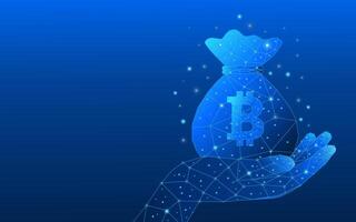 Bitcoin savings or financial gains concept. 3D man hands holding a bag of bitcoin in low poly style. vector