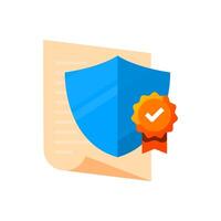 Flat illustration of a certified and secure platform. document, badge, and a shield symbolizing legality, authorization, or security guarantee. business certification and compliance related designs vector