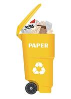plastic trash container for paper waste with open lid and yellow garbage on white background vector