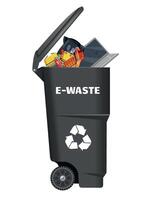plastic electronic waste bin with open lid and black trash on white background vector