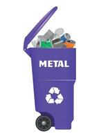 plastic trash container for metal waste with open lid and lilac colored garbage on white background vector