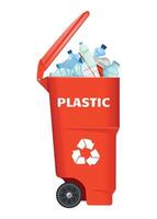 plastic trash container for plastic waste with open lid and red garbage on white background vector