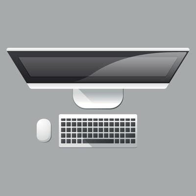 Colored icon of computer monitor and keyboard top view on white background