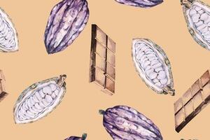 Seamless pattern of chocolate bars and cocoa fruit.Illustration drawn with watercolor for fabric and wallpaper patterns.Dessert background. vector