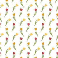 Seamless Pattern of Minimalist Tulip Flowers with Green Leaves on a White Background for Fabric or Decor vector