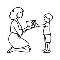 Single one line One continuous single drawing black line art doodle of a child presenting a handmade card to their mother on holiday black silhouette white background vector