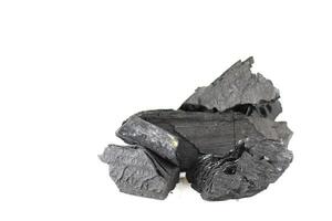 Isolated pieces of charcoal resting on a clean white background. photo
