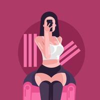 woman sitting on a red sofa, taking a selfie using a smartphone, flat design vector