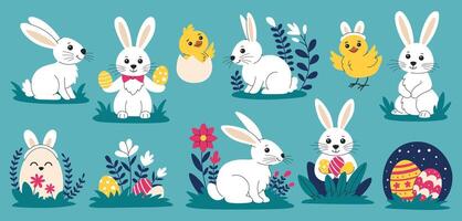 Cute cartoon Easter bunnies, chicks and eggs set. Collection of Easter compositions with animals and eggs for festive design. vector