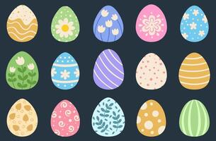 Easter painted eggs set. Cartoon collection of painted eggs with stripes, polka dots and floral patterns. Spring designs on eggs for Easter holiday decor and design. vector