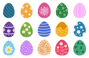 Easter painted eggs set. Cartoon collection of painted eggs with floral, polka dots, stripes and other patterns. Spring designs on eggs for Easter holiday decor and design. vector