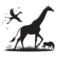 A graphic drawing of a tree and giraffe in chalk on a chalkboard. vector