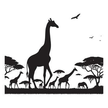 There are two trees and a giraffe standing in a field. vector