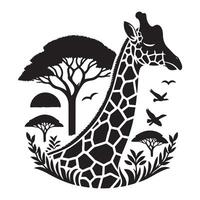 A silhouette of a giraffe eating a tree leaf vector
