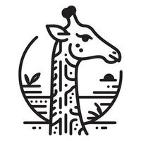 In a field with trees, a giraffe is standing. vector