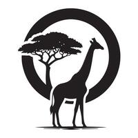 A giraffe is standing in the grass with a tree in the background vector