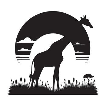 A field with trees and the moon is where a giraffe and other giraffes are. vector