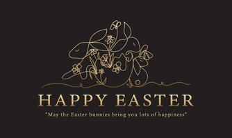 Creative Happy Easter banner design in minimalist art. Gold and black. Layout for flyer, voucher, greeting card. Illustration drawn in one line. vector