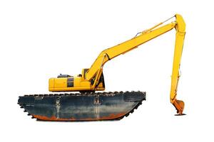 Yellow Amphibious Excavator Isolated on White Background for Construction and Engineering Projects photo