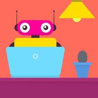 Robot works at laptop. Simple geometric shapes illustration vector