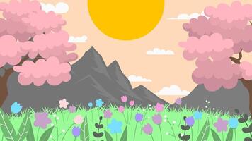 Spring landscape with mountains, trees and a meadow. Seasonal background vector