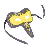 Elegant Venetian style masquerade mask with yellow and gray colors, featuring intricate scroll patterns and a flowing ribbon tie, designed in a minimalistic illustration style vector