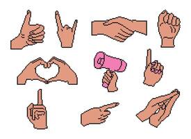 Pixel art collection with various hand gestures and signs including thumbs up, handshake, fist, heart, and pointing gestures. vector