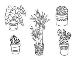 Minimalist black-and-white illustration of various potted plants, including cacti and succulents, with geometric decorative pots and intricate line details, suitable for coloring pages vector