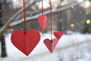 Charming red paper hearts, crafted in a folded style, hang from strings against a snowy winter background. photo
