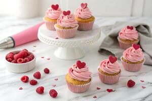 Close-up of several delightful pink cupcakes adorned with raspberry heart-shaped toppers. photo