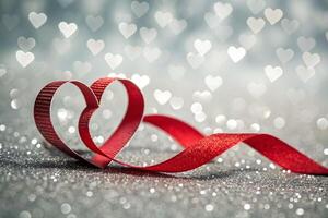 A close-up image of a red ribbon shaped into a heart, lying on a silver glitter background with numerous out-of-focus hearts. photo