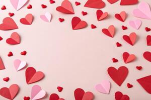 A cheerful and romantic image of various red and pink paper hearts of different sizes, with some smaller hearts as accents, artfully arranged to form a frame against a light, pastel pink background. photo