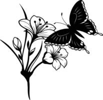 A butterfly resting on a flower with wings spread black silhouette color vector