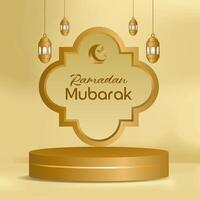 3d cylinder podium product display with door masque arabic pattern with golden lantern lamp for ramadan mubarak vector