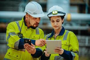 Workers in safety gear collaborate on a tablet in an industrial setting during the day, discussing project details and instructions photo