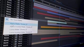 A detailed view of a editing interface showcasing layers and timelines used for color correction and compositing, essential for producing commercials and music videos. video