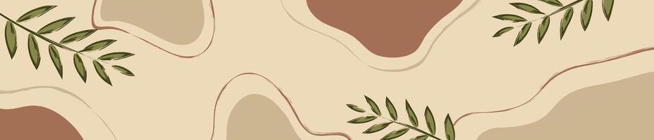 Abstract background in beige colors with a plant, leaves. Web design banner template. Hand-draw illustration in trendly style vector