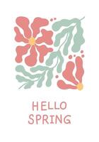 Abstract colorful flower card. Floral doodle shape in trendy naive hippie 70s style. Hello spring. Retro poster, print, banner, template. Hand drawn illustration isolated on white background. vector