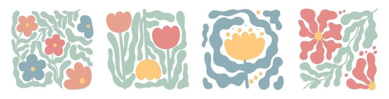 Abstract colorful flower set. Floral doodle shapes in trendy naive hippie 70s style. Hello spring. Retro card, print, banner, poster, template. Hand drawn illustration isolated on white background. vector